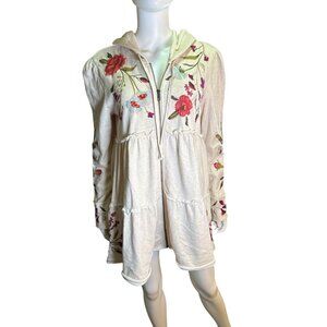 Johnny Was Cream Hooded Sweatshirt With Floral Embroidery Spring Size M EUC